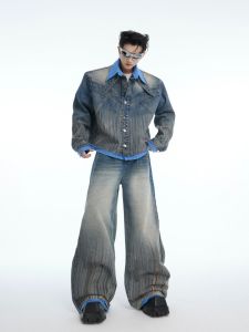 เสื้อแจ็คเก็ตยีนส์ทรงตรงสไตล์ย้อนยุคสำหรับผู้ชาย ทรงหลวม แขนยาว ปกเสื้อโลหะ ผ้าผสมคอตตอนและโพลีเอสเตอร์ ฤดูใบไม้ผลิ