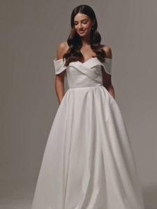 Off the shoulder satin simple wedding dress Avery with slitA line romantic white minimalist wedding dress Modest bridal reception dress