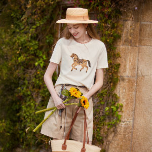 XIANGYING | Bohemian Style Horse Print White T-Shirt