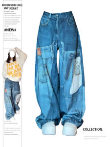 Plus Size Retro Washed Digital Print Vintage Style Loose Pants Children 2024 Autumn Patch Patchwork Loose Denim