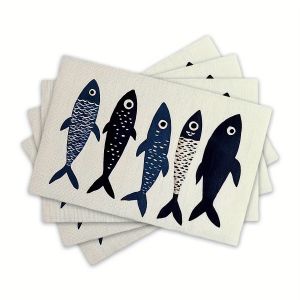 VIKAMA 4/6/8/10-Piece Set Nordic Coastal Fish Pattern Placemats Machine Washable Table Mats Party Kitchen Dining Room Decor