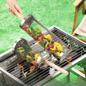 Rolling Grill Basket Removable Wooden Handle 304 Stainless Steel Nesting Grilling Tools Smoker BBQ Accessories for Vegetable