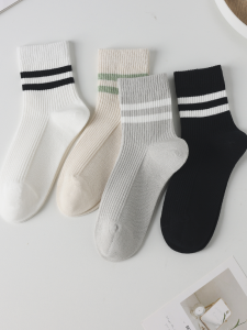 White Striped Cotton Socks Womens Mid-Calf No-Show Anti-Odor Absorbent Sports Long Socks Varioshoes Simple Style All Seasons
