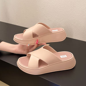Womens Summer Thick Heel Sandals Slip-On Casual PVC Material Heightening Outdoor Wear Waterproof Anti-Slip Holiday Slippers