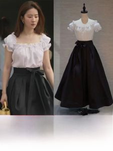 White Black Lace Trim Shirt Korean Style Loose Fit Bubble Sleeve Square Collar Commute Wear Pure Color Puffy Skirt