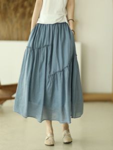 Double Layer Cotton Linen Asymmetrical A-Line Skirt Slimming Fairy Tale Pure Color Commute Vintage Style Mid-Length Skirt