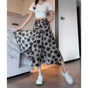 High Waist Wide Leg Pants Skirt Casual Wear Polyester Fiber Printed Chiffon Slimming Design Lightweight Eighteen Pants Skirt for Women