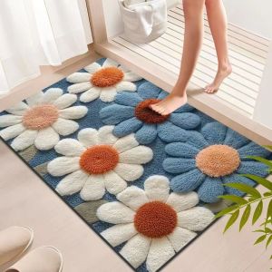 VIKAMA 3D Daisy Flower Bathroom Rug Blue Floral Non Slip Bath Mat Absorbent Soft Spring Flower Kitchen Entry Floor Mat Decor