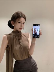 GUZILIAN | เสื้อเชิ้ตผ้าชีฟองแขนกุดสไตล์ฝรั่งเศสสำหรับผู้หญิง ดีไซน์สายรัด ดีไซน์เรียบง่าย สไตล์เรโทร สวมใส่ได้หลากหลายโอกาส