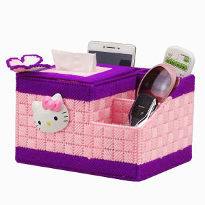 Living Room Cartoon KT Cat Cross Stitch 3D Embroidery Paper Towel Box Storage Organizer Modern Simple Style Red Fabric Plastic