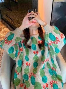 ฤดูใบไม้ร่วง ฤดูหนาว หลวม ผู้หญิง เสื้อผ้าถัก ทันสมัย อินเทรนด์ Lazy Style สีเขียว เสื้อสวม สุดไม่ซ้ําใคร ดีไซน์ ผ้าจาการ์ด การตรึงเรซินเย็บปะติดปะต่อกัน