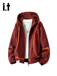 izzue | Fashion Leisure Mens Hoodie Jacket Red Loose Multiple Pockets