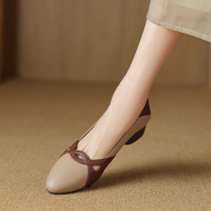 Wanda Brand Comfortable French Leather Color Block Low Heel Womens Shoes 2024 New Pointed Toe Shallow Mouth Small Leather Shoes