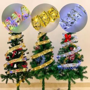 10m 5m LED Gold Silver Ribbon Decoration Lights Christmas Tree Decoration Ornaments Lace Bows String Lights Home New Year Decors