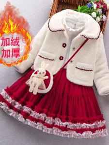 Princess Style Girls Outfit Fleece Lined Two Piece Set Autumn Winter Childrens Clothing Polyester Fiber Elastic Bandage