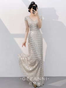 New High-class Evening Dress Silver Sequin Long Gown