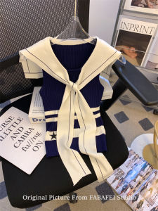 Original Design Ice Silk T-shirt Short Sleeve Stitching Navy Blue and Burgundy Striped Vest for Women Summer Style