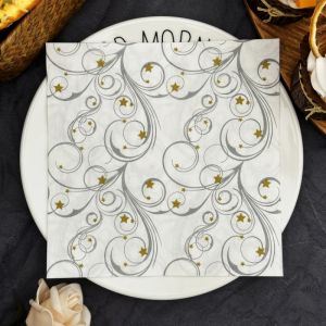 20pcs 33cm Elegant Swirl and Gold Star Patterned Paper Napkins - Disposable for Wedding Party Dining Table Decor