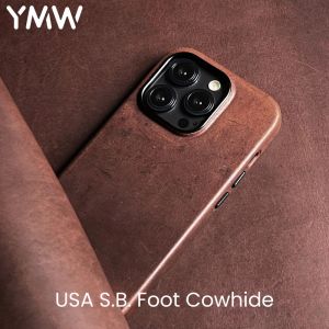new YMW USA SBF Genuine Leather Case for iPhone 13 14 15 Pro Max Oil-tanned Cowhide Retro Phone Cover hot