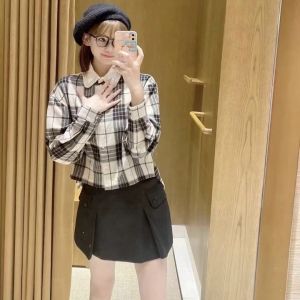 Sweet Short Plaid Shirt with Beads Autumn Early 24 Fold Pure Cotton Straight Tube Shirt Long Sleeve Polo Collar Warm Outerwear