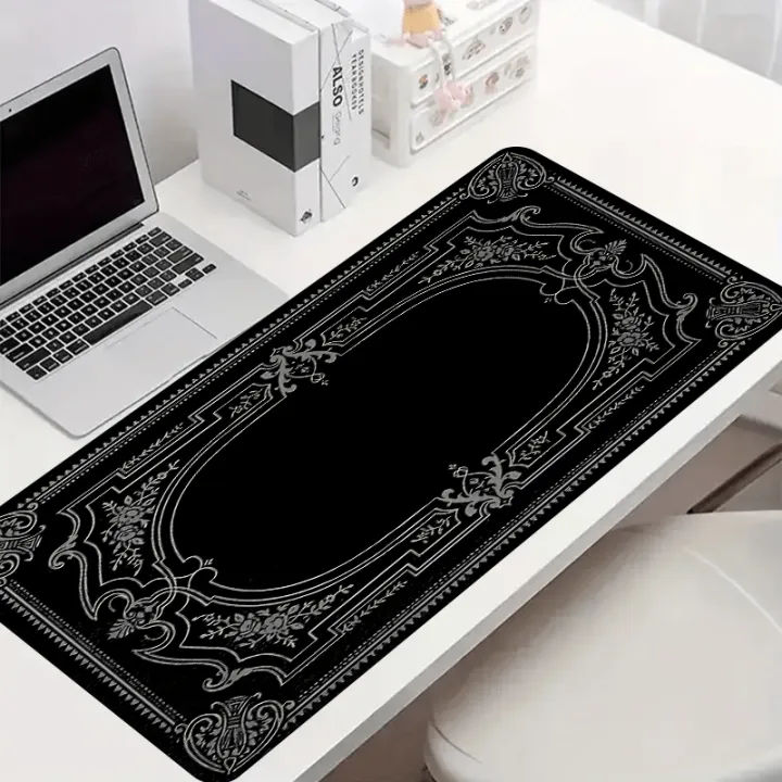 90x40cm Black Baroque Ornate Mouse Pad, Non-Slip Rubber Stitched Edge, Extra Large Desk Mat for PC Gamer Laptop