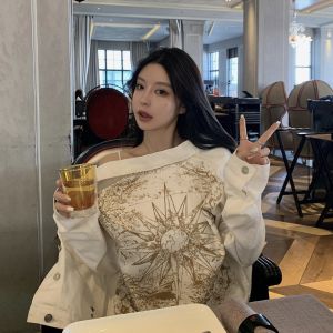 Áo Khoác Denim Ngắn Màu Trắng Cho Nữ Mùa Xuân 2025 Áo Khoác Cardigan Dài Tay in Họa Tiết Kim Loại Rộng Rãi Thường Ngày Áo Khoác Ngoài Thường Ngày