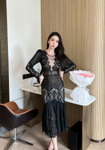 ZY·HT 2024 New Dress Korean Version Elegant Round Neck Mesh Stitching Slim Lace Mermaid Annual Party Dinner Dress 20138 eravogue