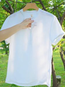 Local Delivery-Summer thin mens fashion trend casual solid color multi-color optional comfortable Henry collar cotton linen short sleeve