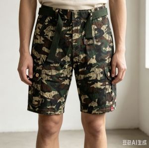 Camo cargo shorts with belt and multiple pockets. Casual outdoor wear.