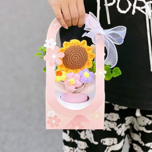 Creative Knitted Sunflower Bucket Handbag Teachers Day Gift Birthday Present Cute Embroidery Woolen Flower Bouquet for Female Teachers