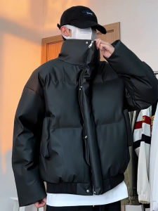 American Style Cleanfit Short PU Leather down Jacket Men Winter Trendy Thickened Bread Style Loose Fit Cotton Coat Outerwear
