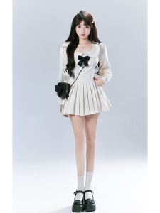 Sweet School Girl Style Dress High Waist Slimming Princess Feel Long Sleeve Short A-Line Skirt H-Shape Pure Color U-Neckline