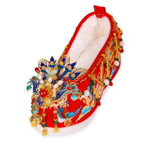 Elegant Red Wedding Shoes I July Lotus Original I Imitation Chengzhi Phoenix Silk Brocade Shoes for Bride Chinese Style