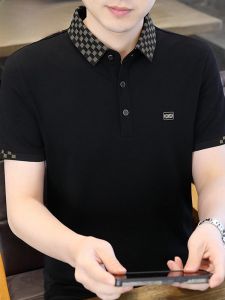 HENGYUANXIANG | Áo thun polo tay ngắn bằng lụa băng mỏng cao cấp cho nam mùa hè kẻ caro cổ polo chất liệu cotton polyester spandex thoải mái thoáng khí