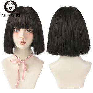 7JHHWIGS 29cm Wig for Women Human Hair Washable with Bangs for Women Black Straight Short Bob Hair Net Red Cute Fashion Face Full Set of Long Hair Wig for Girl Daily Wear Crochet Hair New Style