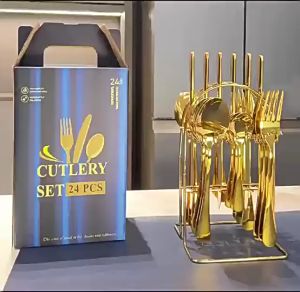 【จัดส่งจากไทย】ชุดช้อนส้อมสแตนเลส ครบชุด ช้อนส้อม พร้อมที่วาง สแตนเลส304หนา เซ็ต 24 ชิ้น สีทอง สีเงิน