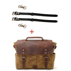 Vintage Mens Canvas Crazy Horse Leather Shoulder Messenger Bag for Men Computer Bag Knight Motorcycle Bag