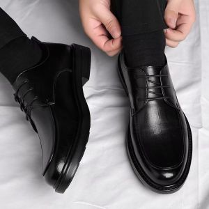 Leather Shoes Mens Casual Tie-On Business Wedding Groom Shoes British High-End Work Interview Fashionable Derby Shoes