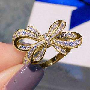 Huitan Bow Shaped Women Ring Gold Color/Silver Color Fashion Party Engagement Elegant Accessories Lady Aesthetic Jewelry with CZ