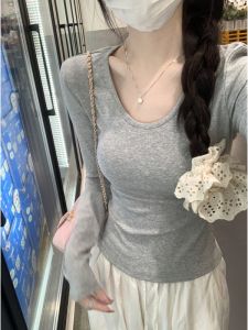 เสื้อยืดคอกลมแขนยาวทรงสลิมฟิตสำหรับผู้หญิงในช่วงต้นฤดูใบไม้ร่วงและฤดูหนาว คอกลม ทรงเข้ารูป เสื้อชั้นในที่สวมใส่สบายและสวยงาม