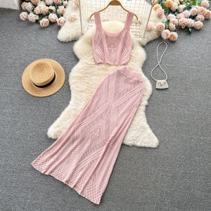 Bộ Đồ Hai Mảnh Dệt Kim Thời Trang Mùa Hè Cho Nữ Váy Midi Cạp Cao Áo Ba Lỗ Khoét Sâu Váy Dài Bộ Đồ Hai Mảnh