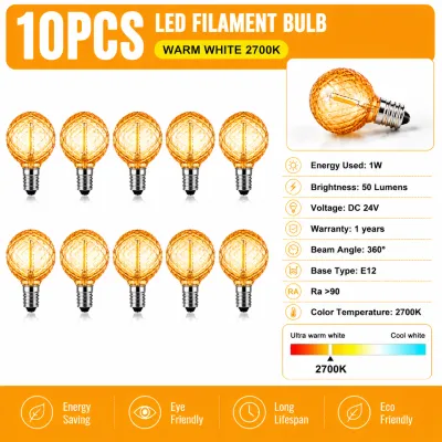 25Pcs G40 LED Edison Bulbs E12 24V Waterproof Dimmable 2700K Amber Warm White Replacement Globe Bulb For Solar String Lights Outdoor Party Garden Decor