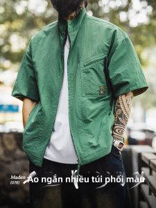 MADEN | Áo Sơ Mi Nam Tay Ngắn Cổ Đứng Nhiều Túi Thêu Hoa Văn American Vintage Chất Liệu Nhẹ