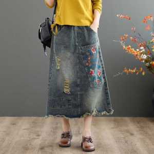 Retro Womens Distressed Embroider Denim Skirt Ripped Frayed Large Pocket A- line Skirt Mid Length Long Length Plus Size Bandage Dress