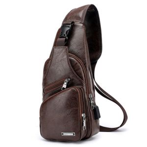 Men Sling Bag Chest Shoulder Backpack Cross Body Purse Anti Theft with USB Port PU Leather Retro Chest Bag