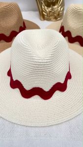 หมวกสานทรงปานามาคาดผ้าสีแดงหยักคลื่น [รหัสB108]  ใส่เที่ยวทะเลคาเฟ่ สินค้าพร้อมส่งจากไทย