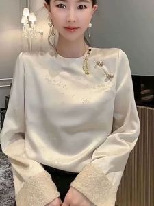 Silk Shantung Shirt Womens Loose New Chinese Style Sequin Splicing Versatile Top Trendy Spring 2026 Button Disk Closure