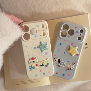 3D Paste Plush Star Embroidery Dog Soft Case for iPhone 12 13 14 15 16 17 Pro Max Casing Anti-fall Cover for iPhone 16 Case