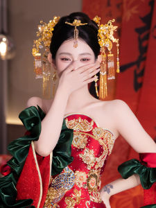 Bride Chinese Style Floral Tiara Vintage Tassel Hairpin Dragon And Phoenix Gown Hair Accessories Alloy Engraved Artificial Gem