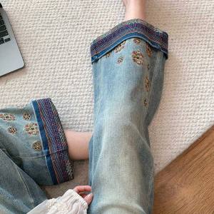 XIANGHOUMINCHU | Light Blue 8/10 Length Wide Leg Stretch High Waist Straight Jeans